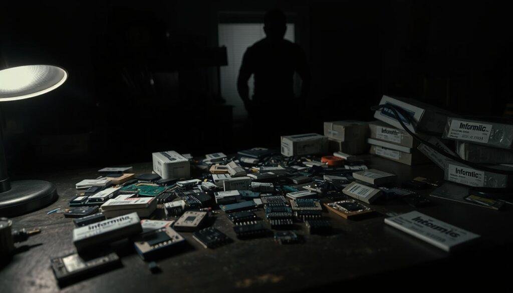 A darkened workshop table, illuminated by a single desk lamp, showcases a collection of Informic Electronics components. Counterfeit parts, their packaging marred by misspellings and poor quality, lie scattered among authentic circuit boards and microchips. The chiaroscuro lighting casts ominous shadows, evoking a sense of unease and the risks posed by unverified suppliers. In the background, a looming silhouette suggests the presence of a shadowy figure, a reminder of the consequences of procuring dubious electronic parts.