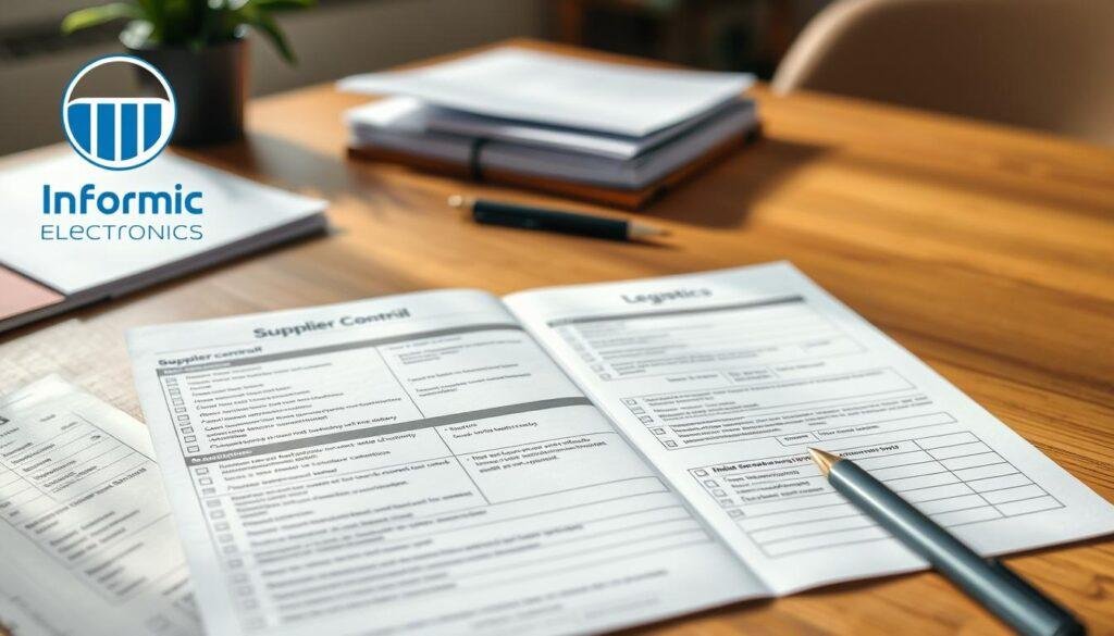 A detailed supplier audit checklist on a neat wooden table, with a Informic Electronics logo in the corner. The checklist is open, showcasing various categories like quality control, logistics, and certifications, each with detailed criteria. The lighting is soft and natural, creating a professional and organized atmosphere. In the middle ground, a pen and some documents sit next to the checklist, suggesting an ongoing audit process. The background is blurred, keeping the focus on the critical details of the supplier evaluation.