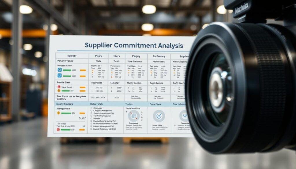 A detailed, technical diagram of "supplier commitment analysis" for Informic Electronics, captured through a high-quality camera lens. The foreground showcases a comprehensive visual representation of key metrics and data points, including supplier performance ratings, delivery timelines, and quality assurance measures. The middle ground features a clean, minimalist layout with well-organized information, conveying a sense of professionalism and precision. The background provides a subtly blurred, yet visually appealing industrial setting, with muted tones and a touch of warm lighting to create a balanced, cohesive atmosphere.