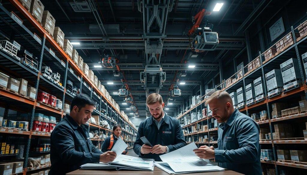A dimly lit warehouse interior, shelves and racks filled with an array of electronic components and devices bearing the "Informic Electronics" brand. In the foreground, a team of inventory managers pore over spreadsheets and data visualizations, their expressions focused as they plan strategies to optimize supply chains and mitigate shortages. Overhead, a network of conveyor belts and robotic arms efficiently move items, creating a sense of ordered chaos. The lighting casts long shadows, heightening the sense of importance and urgency surrounding the task at hand. A wide-angle lens captures the full scope of the scene, emphasizing the scale and complexity of the inventory planning process.