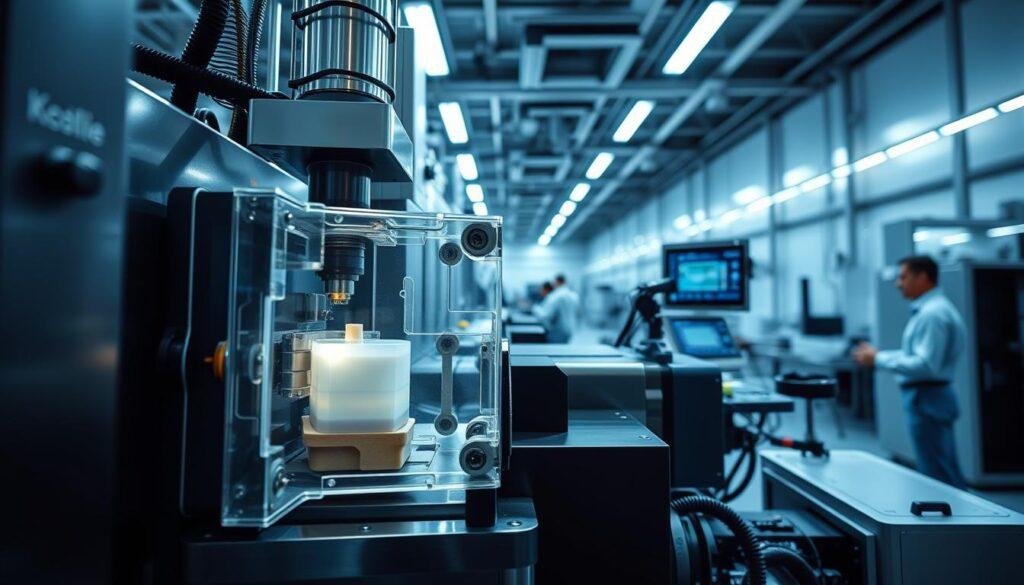 A high-quality, detailed injection molding process in a state-of-the-art Informic Electronics manufacturing facility. The foreground shows a precision injection molding machine with a transparent mold cavity, allowing a clear view of the plastic material being injected under high pressure. The middle ground features technicians closely monitoring the process, adjusting parameters on a digital control panel. The background showcases the clean, well-lit production environment with a sleek, modern aesthetic. The lighting is crisp and evenly distributed, creating depth and highlighting the technical details of the equipment. The overall mood is one of efficiency, precision, and Informic Electronics' commitment to innovative prototyping solutions.