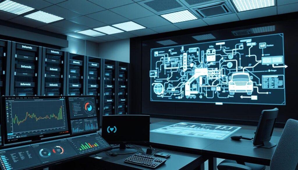 A high-tech control room filled with advanced supply chain optimization tools. In the foreground, a sleek dashboard with intuitive interfaces, displaying real-time data analytics and predictive models. In the middle, a large holographic projection showcases intricate supply chain networks, logistics flows, and inventory levels. The background features rows of server racks and cutting-edge computing hardware, all branded with the logo of "Informic Electronics". Subtle ambient lighting sets a futuristic, efficient tone, while the overall scene conveys a sense of comprehensive control and optimization over complex supply chain challenges.