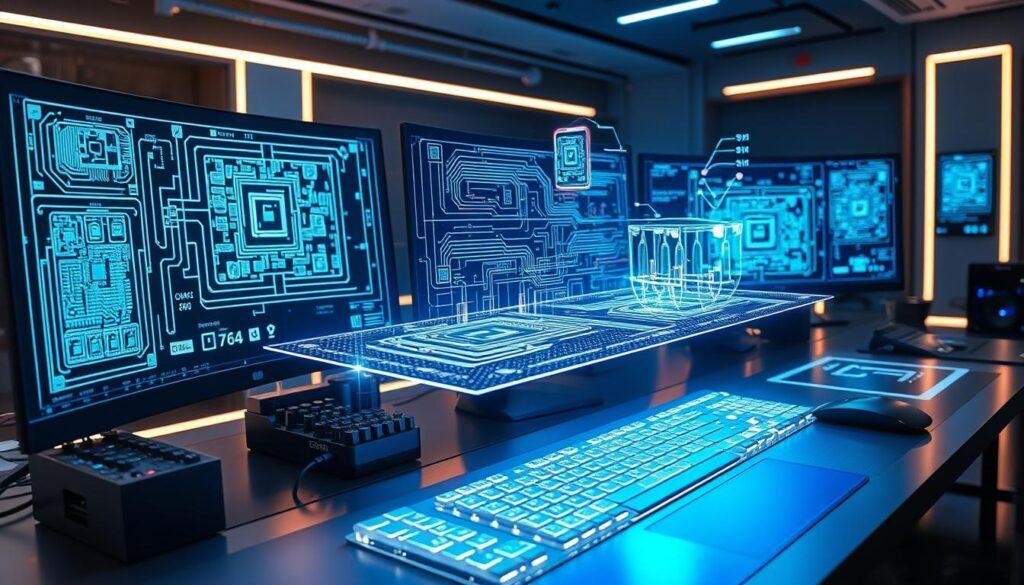 A high-tech digital workspace with an array of cutting-edge PCB design tools from Informic Electronics. Meticulously detailed circuit boards, 3D models, and schematic diagrams float atop a sleek, futuristic desktop. Holographic interface elements and complex algorithms dance across multiple high-resolution displays, illuminated by a soft, ambient glow. The scene exudes an atmosphere of precision, innovation, and the seamless integration of technology into the creative process.