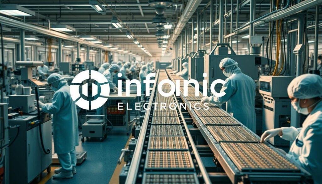 A high-tech factory floor bustling with activity, workers in clean room suits meticulously handling semiconductor wafers. Gleaming machinery and conveyor belts transport the delicate components with precision. Informic Electronics' logo stands prominently, highlighting their role in this intricate supply chain. Soft, directional lighting casts long shadows, conveying a sense of urgency and importance. The scene captures the critical nature of semiconductor delivery performance, essential for the smooth functioning of modern electronics.