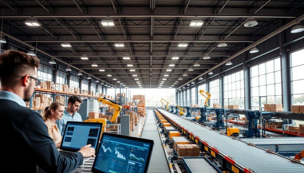 A modern, sleek warehouse interior with an emphasis on streamlined logistics and cost-effective supply chain strategies. In the foreground, a team of Informic Electronics employees collaborate over digital screens, analyzing data and optimizing distribution processes. The middle ground features a network of automated conveyor belts, robotic arms, and shelving systems, efficiently moving and storing inventory. The background showcases floor-to-ceiling windows, flooding the space with natural light and a sense of transparency. The overall atmosphere conveys a harmonious balance of technology, productivity, and a commitment to cost reduction within the Informic Electronics supply chain.
