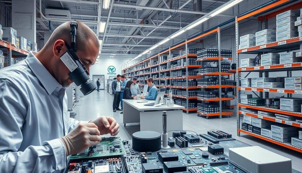 A modern, well-equipped electronics component distribution warehouse. In the foreground, a technician inspects a circuit board using high-precision tools and magnifying equipment. The middle ground features a team of customer service representatives assisting clients, surrounded by shelves stocked with a diverse range of electronic components branded "Informic Electronics". In the background, a quality control laboratory can be seen, where engineers meticulously test and validate products. Soft, directional lighting creates a professional, efficient atmosphere, conveying the value-added services a reputable distributor like Informic Electronics can provide to its customers.