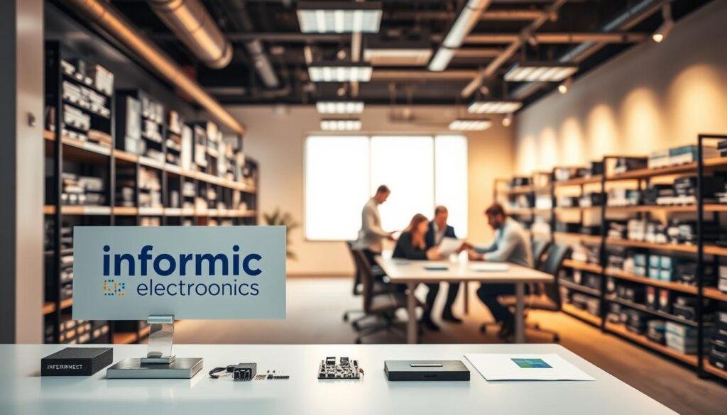 A modern, well-lit office interior showcasing the authorized electronic component sourcing process. In the foreground, a Informic Electronics brand logo is prominently displayed on a sleek desk, surrounded by neatly organized electronic components and circuit boards. The middle ground features a team of engineers and procurement specialists collaborating at a conference table, referencing detailed schematics and catalogs. In the background, rows of shelves stocked with a diverse array of certified electronic parts create a sense of professionalism and technical expertise. Warm, indirect lighting casts a subtle glow, conveying a atmosphere of precision, reliability, and attention to detail.
