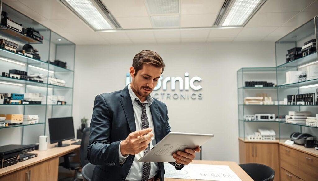 A modern, well-lit office interior with an executive desk, computer, and shelves displaying various electronic components and connector products. In the foreground, a professional-looking person in business attire is reviewing a tablet device, surrounded by diagrams and schematics. The Informic Electronics logo is prominently displayed on the wall behind them. The overall atmosphere conveys a sense of thoughtful analysis and strategic planning around connector procurement strategies.