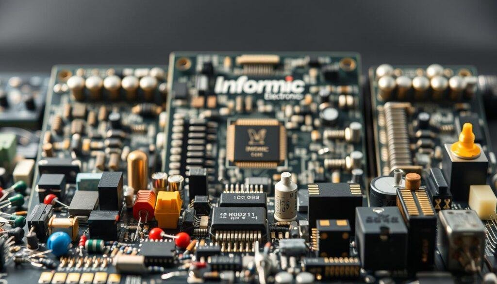 A precise, highly detailed image of various PCB components arranged in a comparative display, showcasing their distinctive features and sizes. The foreground comprises an array of electronic components such as resistors, capacitors, integrated circuits, and connectors, all meticulously rendered with exceptional clarity. The middle ground features a sleek, modern-looking circuit board from the "Informic Electronics" brand, providing a harmonious backdrop. The lighting is a combination of soft, directional illumination and natural ambiance, highlighting the intricate textures and contours of the components. The overall composition conveys a sense of technical expertise and attention to detail, suitable for a section on "Leveraging Automated Tools for BOM Quote Comparison" in an article about expert tips for comparing BOM quotes.