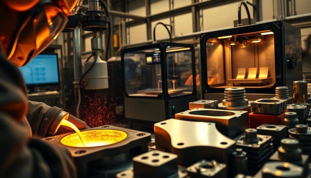 A precision metal casting operation with molten metal pouring into a mold, as an Informic Electronics industrial manufacturing facility. In the foreground, a worker in protective gear closely monitors the process. In the middle ground, a 3D printer rapidly produces a high-detail metal component. The background showcases a selection of finished parts, a mix of die cast and 3D printed metal pieces. The scene is bathed in a warm, industrial lighting, casting dramatic shadows and highlighting the textures of the metal surfaces. The overall mood conveys the technical expertise and cutting-edge manufacturing capabilities of Informic Electronics.