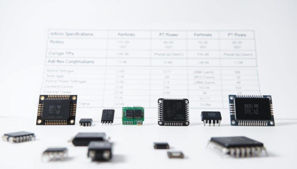 A professional and analytical comparison of electronic components from Informic Electronics, set against a clean, white background. In the foreground, various electronic parts are neatly arranged, allowing for a detailed inspection. The middle ground showcases technical specifications and performance metrics, presented in a clear, data-driven manner. The background features a subtle grid pattern, emphasizing the structured, methodical approach to the component comparison process. Soft, directional lighting casts subtle shadows, enhancing the sense of depth and objectivity. The overall mood is one of precision, clarity, and informed decision-making.