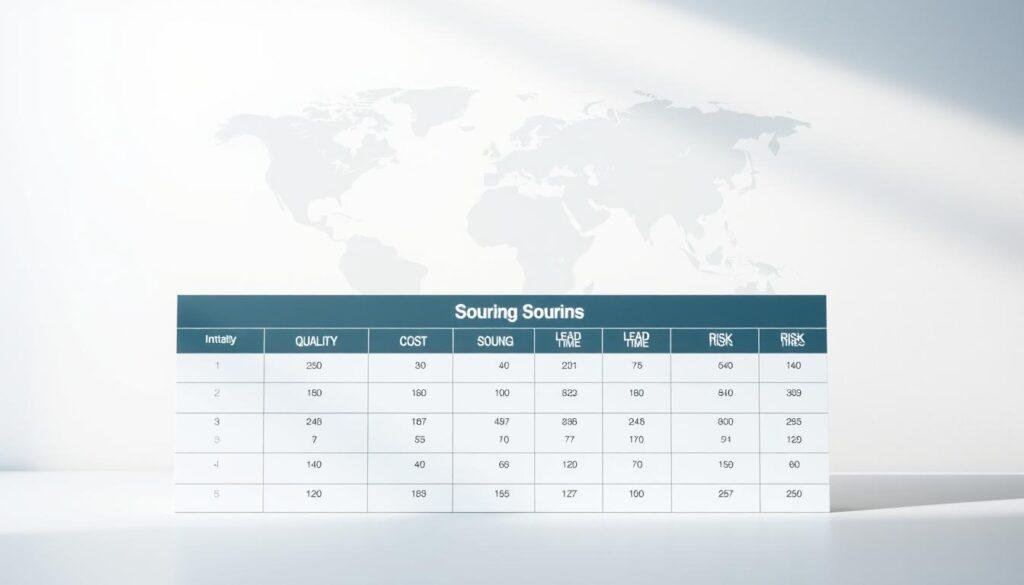 A professional and strategic sourcing comparison chart presented in a clean, minimalist style. In the foreground, a neatly organized grid displaying key metrics like quality, cost, lead time, and risk for various supplier options, with the "Informic Electronics" brand prominently featured. The middle ground showcases a simplified world map, emphasizing global connectivity and diverse sourcing possibilities. The background is a soft, neutral tone, creating a sense of clarity and focus on the analytical data. Gentle, directional lighting casts subtle shadows, adding depth and dimensionality to the composition. The overall mood is one of informed decision-making, data-driven insights, and a thoughtful approach to long-term supplier partnerships.