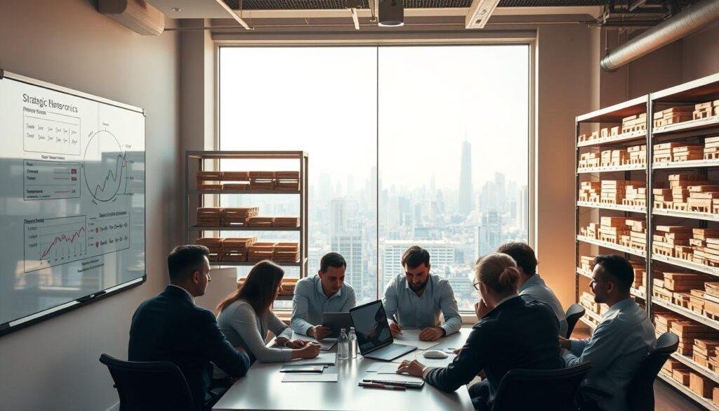 A serene, well-lit office setting with a large whiteboard on the wall displaying a detailed diagram of the strategic inventory management process. In the foreground, a team of Informic Electronics professionals huddles around a conference table, studying charts and graphs projected onto a screen. Warm, natural lighting filters through the windows, creating a sense of focus and productivity. The middle ground features neatly organized shelves stocked with inventory, conveying the importance of effective stock management. In the background, a panoramic view of a bustling city skyline symbolizes the global scale of Informic Electronics' operations. The overall atmosphere exudes a balance of strategic planning, operational efficiency, and a commitment to delivering high-quality products.