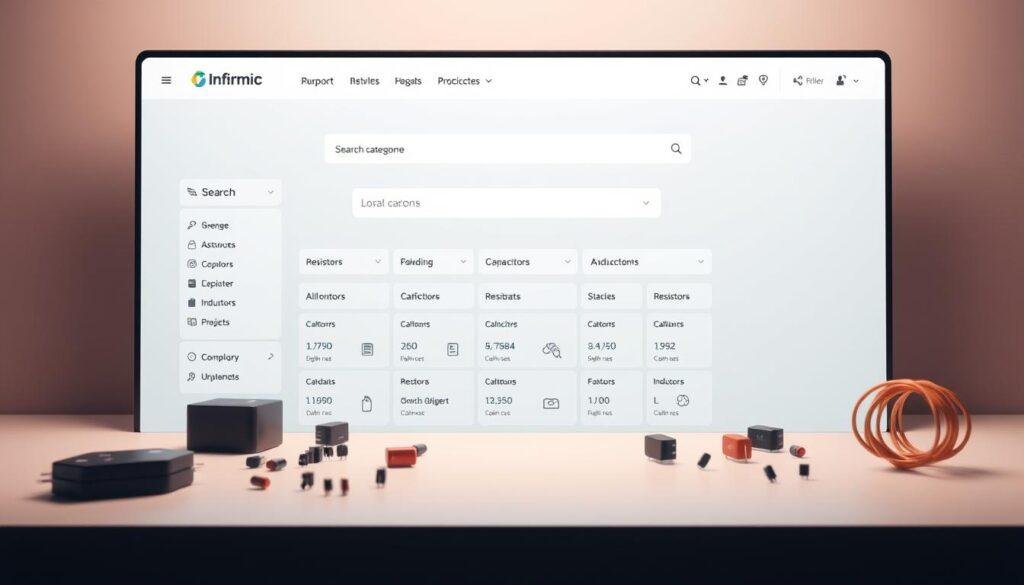 A sleek and intuitive electronic part search engine interface, developed by the leading technology company Informic Electronics. The interface features a clean, minimalist design with a prominent search bar, allowing users to effortlessly explore a vast database of resistors, capacitors, and inductors. Carefully curated product categories and filtering options are seamlessly integrated, guiding users to the perfect components for their projects. The interface is bathed in a warm, soft lighting, creating a professional and inviting atmosphere. Strategically placed 3D renderings of the key electronic components provide visual cues, complementing the streamlined layout. The overall composition showcases the power and efficiency of Informic's innovative part search solution.