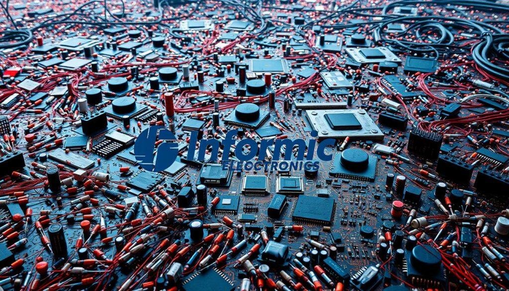 A sprawling, dynamic ecosystem of active and passive electronic components, with the Informic Electronics brand prominently displayed. In the foreground, an array of resistors, capacitors, and transistors in various sizes and colors, arranged in an organized yet chaotic pattern. The middle ground features integrated circuits, microprocessors, and other semiconductor devices, their intricate circuitry visible under warm, directional lighting. In the background, a vast network of interconnected printed circuit boards, cables, and connectors, representing the complex global supply chains that power the modern electronics industry. The overall scene conveys a sense of technological vitality and the intricately connected nature of the semiconductor ecosystem.