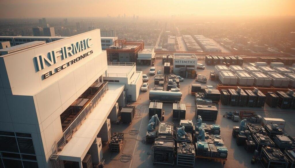 A sprawling factory complex with gleaming Informic Electronics signage dominates the foreground, its sleek architecture and high-tech equipment symbolizing the precision and innovation of the brand. In the middle ground, teams of workers in crisp uniforms oversee the assembly of complex components, their focused movements conveying the efficiency of the supplier relationship management process. The background fades into a hazy cityscape, hinting at the global scale of the company's operations and the intricate web of suppliers that enable its success. Warm, diffused lighting casts a sense of productivity and collaboration, while a high-angle perspective emphasizes the sheer scale of the enterprise.