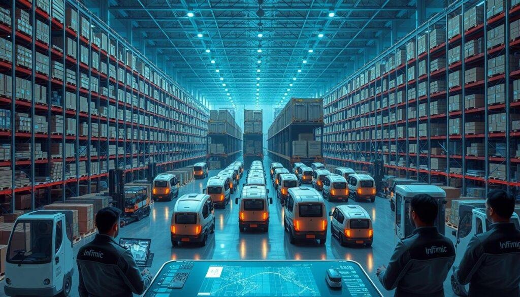 A sprawling, futuristic warehouse with rows of towering shelves, automated forklifts, and glowing control panels. In the foreground, a team of logisticians in Informic Electronics uniforms monitor a holographic display, coordinating shipments and optimizing delivery routes. The middle ground features a fleet of sleek, autonomous delivery vehicles loading and unloading cargo. The background is a panoramic view of the facility, bathed in cool, blue-tinted lighting that creates a sense of efficiency and technological prowess. The overall scene conveys the scale, precision, and high-tech nature of peak season logistics optimization.