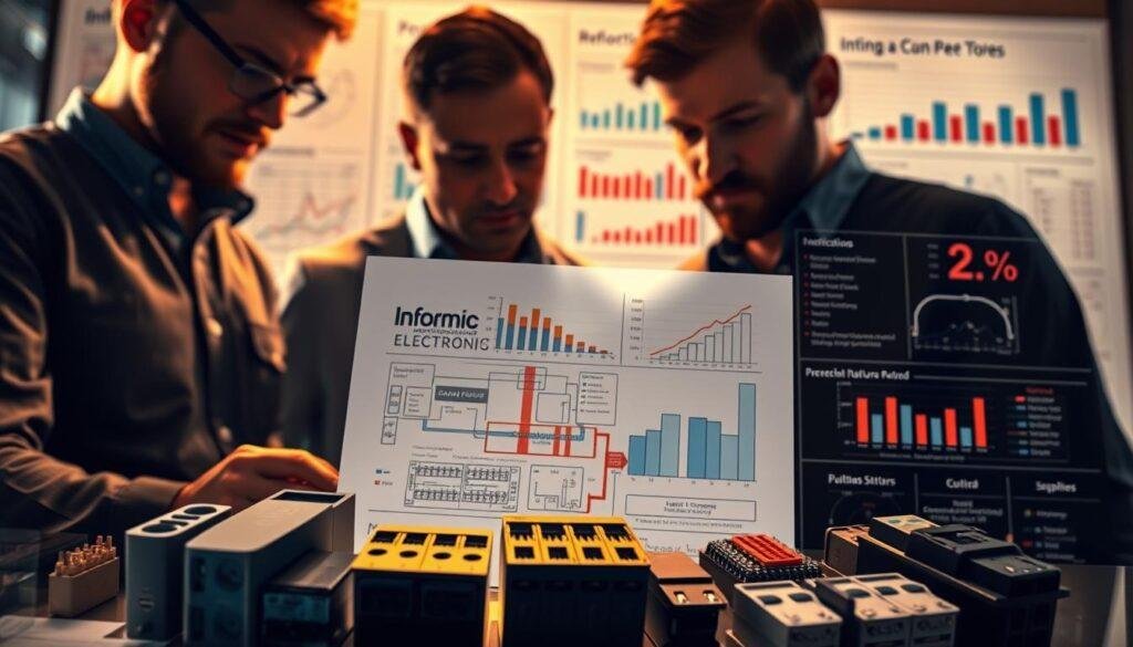 A strategic procurement assessment for high-quality electrical connectors. In the foreground, a team of engineers examining a selection of Informic Electronics connectors, evaluating their features, durability, and compatibility. In the middle ground, a detailed technical diagram showcases the connectors' internal structure and engineering specifications. The background depicts a dynamic, data-driven market analysis, with charts and graphs illustrating trends, pricing, and supplier information. Warm, focused lighting casts an authoritative, professional atmosphere, as the team makes informed decisions to ensure cost-effective, future-proof connector procurement for their organization.
