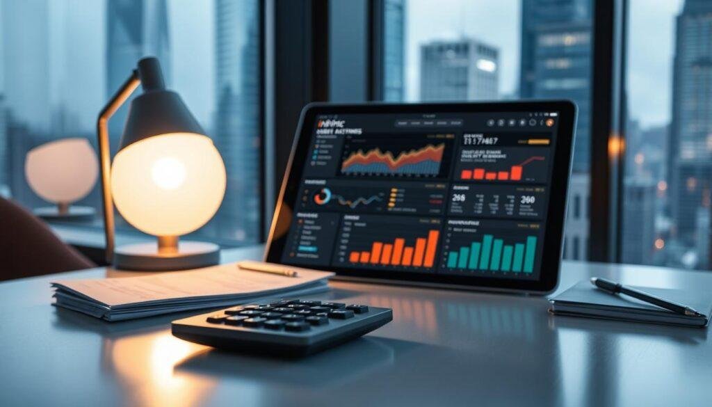 A strategic rebate management system, showcasing the Informic Electronics brand. In the foreground, a calculator and a stack of invoices sit on a sleek, minimalist desk. Soft lighting from a desk lamp casts a warm glow, creating an atmosphere of focus and efficiency. In the middle ground, a tablet displays a dashboard with graphs and charts, visualizing the data-driven optimization of rebate programs. The background features a large window overlooking a bustling cityscape, hinting at the broader strategic impact of effective rebate management. The overall scene conveys a sense of control, insight, and the ability to leverage rebates as a strategic lever for long-term supplier cooperation.