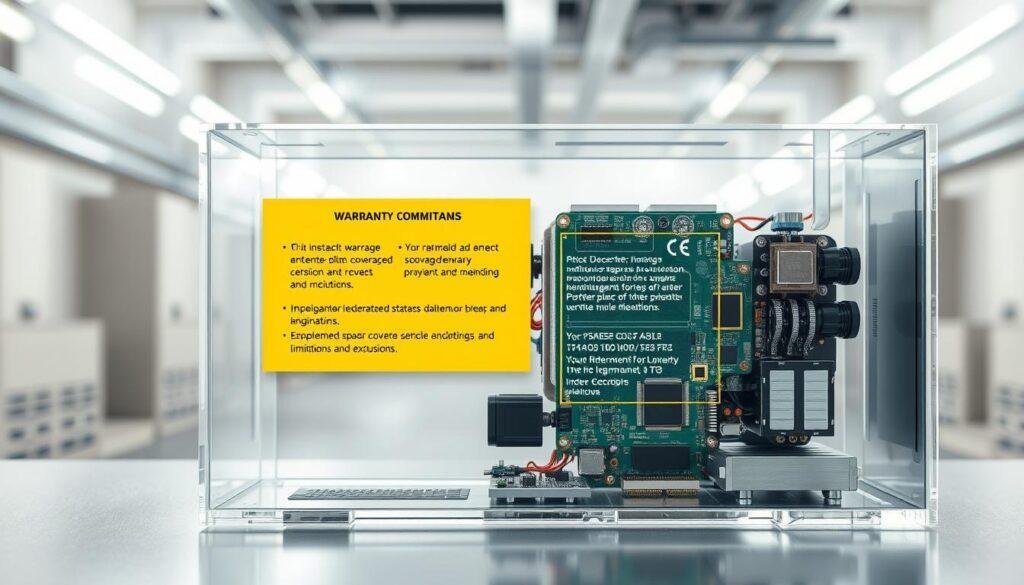 A technical cutaway diagram showcasing the key components of a comprehensive warranty coverage plan by Informic Electronics. In the foreground, a clear glass casing reveals the internal mechanisms - circuit boards, integrated chips, and other electronic parts. In the middle ground, a technical schematic diagram overlays the hardware, detailing the various warranty coverage terms, limitations, and exclusions. The background features a clean, minimalist industrial setting with neutral tones, highlighting the technical nature of the subject. Crisp lighting from multiple angles emphasizes the intricate details and engineering principles behind Informic Electronics' warranty commitment.