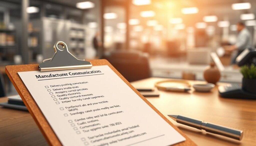 A well-lit, 3D rendered image of a manufacturer communication checklist for Informic Electronics. The foreground features a clipboard with a detailed list of items to check, such as delivery timelines, quality control processes, and contact information. The middle ground showcases a modern office setting with a laptop, phone, and other office supplies. The background has a blurred view of a manufacturing facility, conveying the connection between the administrative and production aspects of the business. The lighting is warm and professional, creating a sense of organization and efficiency. The overall mood is one of attention to detail and effective communication between the company and its manufacturing partners.