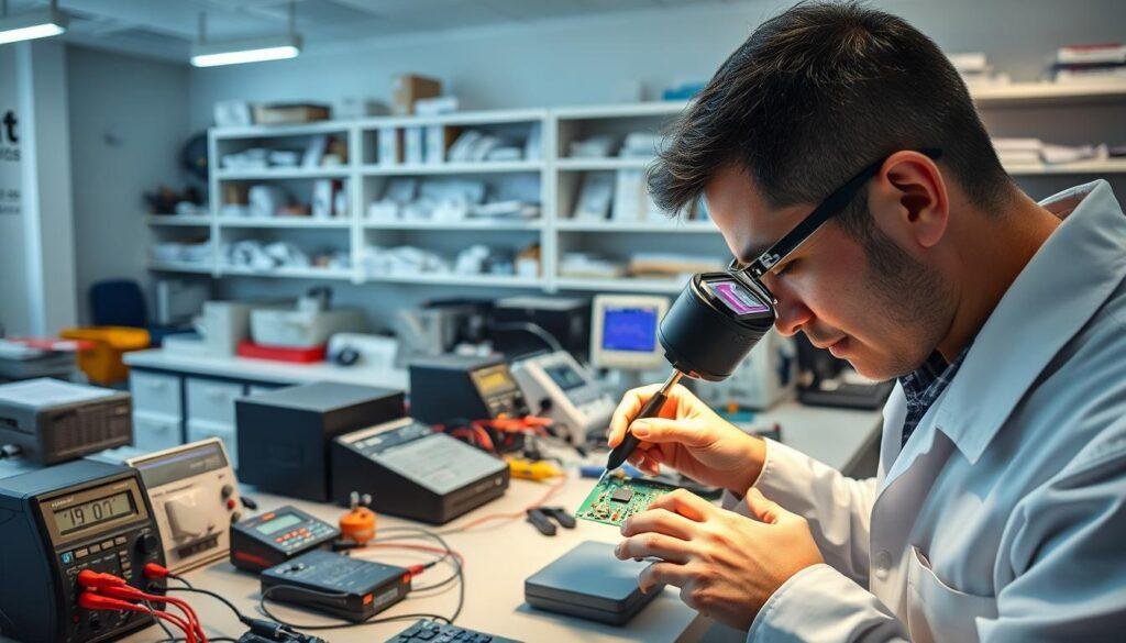 A well-lit electronics testing lab with Informic Electronics branding. In the foreground, a technician carefully inspects a circuit board under a magnifying glass, looking for signs of counterfeiting. In the middle ground, various testing equipment such as multimeters, oscilloscopes, and soldering stations are neatly arranged on a workbench. The background features shelves stocked with electronic components and technical manuals. The overall atmosphere conveys a sense of precision, professionalism, and attention to detail in the process of verifying the authenticity and quality of electronic parts.