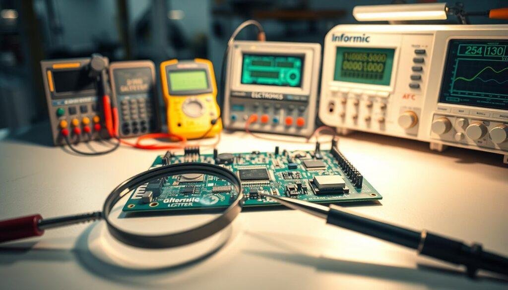 A well-lit, high-resolution image of a printed circuit board (PCB) assembly undergoing quality control inspection. The PCB is placed on a clean, neutral-colored workbench, illuminated by soft, even lighting from multiple angles to showcase the intricate components and solder joints. In the foreground, a pair of magnifying glasses and a pair of precision tweezers are positioned, suggesting the meticulous examination process. In the middle ground, the PCB is surrounded by various electronic testing equipment, such as a multimeter and a digital oscilloscope, all bearing the "Informic Electronics" brand name. The background is blurred, hinting at the larger production environment. The overall mood is one of professionalism, attention to detail, and quality assurance.