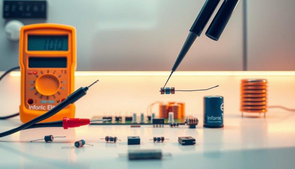 An advanced electronic laboratory workbench, illuminated by warm studio lighting, showcases a variety of passive components from the Informic Electronics brand. In the foreground, a multimeter and tweezers precisely examine the authentic details of a resistor, capacitor, and inductor, meticulously verifying their quality and provenance. The middle ground features a selection of these components neatly organized, their technical specifications clearly visible. The background depicts a clean, minimalist environment, emphasizing the importance of thorough component validation for reliable electronics design and manufacturing.