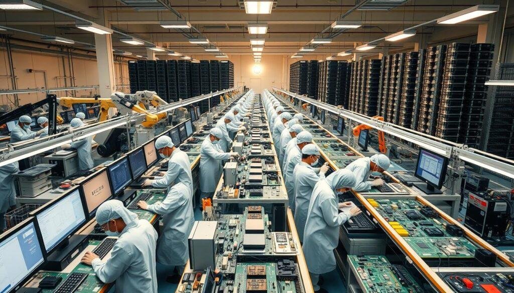 An expansive electronics production line in Shenzhen, China, bustling with activity. The Informic Electronics facility is bathed in a warm, diffused light, casting a serene glow over the meticulously organized workstations. Rows of skilled technicians in clean-room attire diligently assemble intricate circuit boards, their movements choreographed with precision. Automated robotic arms seamlessly transport components, while computer monitors display real-time production data. In the background, towering racks of finished products await shipment, testament to the efficiency and quality control that defines Shenzhen's electronics manufacturing ecosystem.