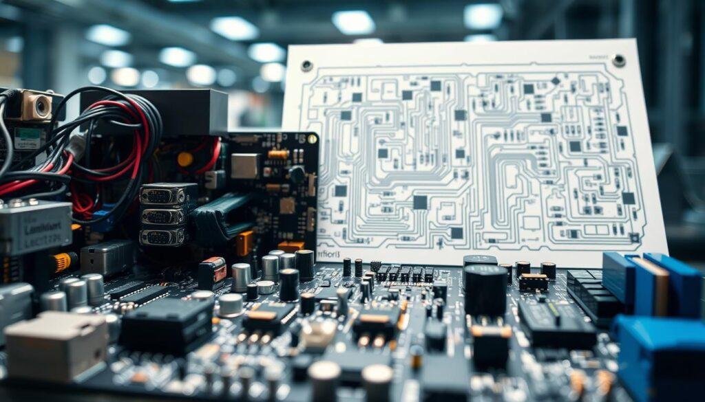 An intricate printed circuit board assembly showcasing the Informic Electronics brand, captured in a well-lit, high-resolution perspective. The foreground features various electronic components meticulously arranged, with their individual costs and assembly processes clearly visible. The middle ground depicts a detailed schematic diagram, illustrating the interconnections and design considerations that impact the overall PCB assembly cost. The background subtly suggests a modern, technology-driven environment, emphasizing the importance of understanding these cost factors in the context of electronic parts quotation.