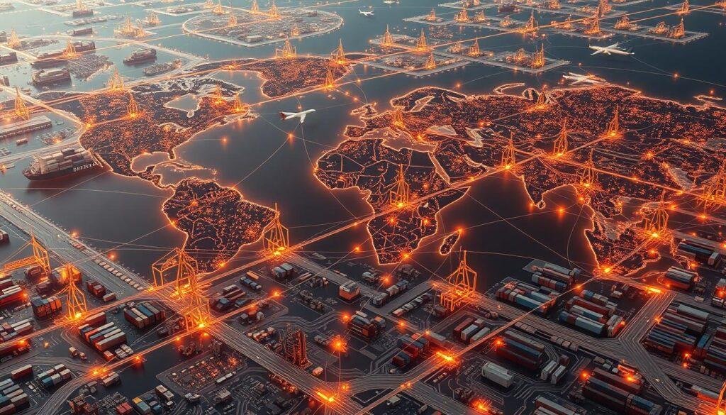 Expansive global distribution network of Informic Electronics, showcasing a vast interconnected web of warehouses, logistics hubs, and transportation routes. Aerial perspective reveals intricate pathways of cargo ships, planes, and trucks converging from all corners of the world, illuminated by a warm, diffused lighting that casts long shadows and highlights the scale and complexity of this sophisticated supply chain. Intricate 3D renderings of electronic components, circuit boards, and other electronic parts populate the foreground, hinting at the diverse range of products handled by this global distributor. An atmosphere of efficiency, connectivity, and technological prowess pervades the scene.