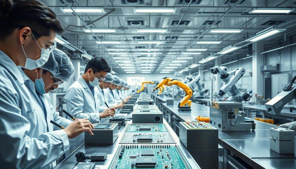 Immersive factory floor, Informic Electronics quality control center. Bright overhead lighting illuminates rows of engineers meticulously inspecting microchips and circuit boards, gauging tolerances with calipers and microscopes. Sparkling clean workstations, sleek stainless steel equipment, and a sense of clinical precision pervade the space. In the background, robotic arms assemble components with robotic efficiency. An atmosphere of technical excellence, where innovation and attention to detail converge to ensure Informic's products meet the highest global standards.