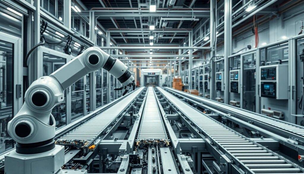 Intricate machinery in a sleek, modern industrial setting. In the foreground, a robotic arm gracefully manipulates components, its movements precisely choreographed. In the middle ground, conveyor belts seamlessly transport goods, their rhythmic motion a symphony of efficiency. The background reveals a network of sensors and control panels, the beating heart of Informic Electronics' state-of-the-art supply chain automation technology. Soft, directional lighting accentuates the clean lines and metallic surfaces, creating an atmosphere of cutting-edge innovation and unparalleled productivity.