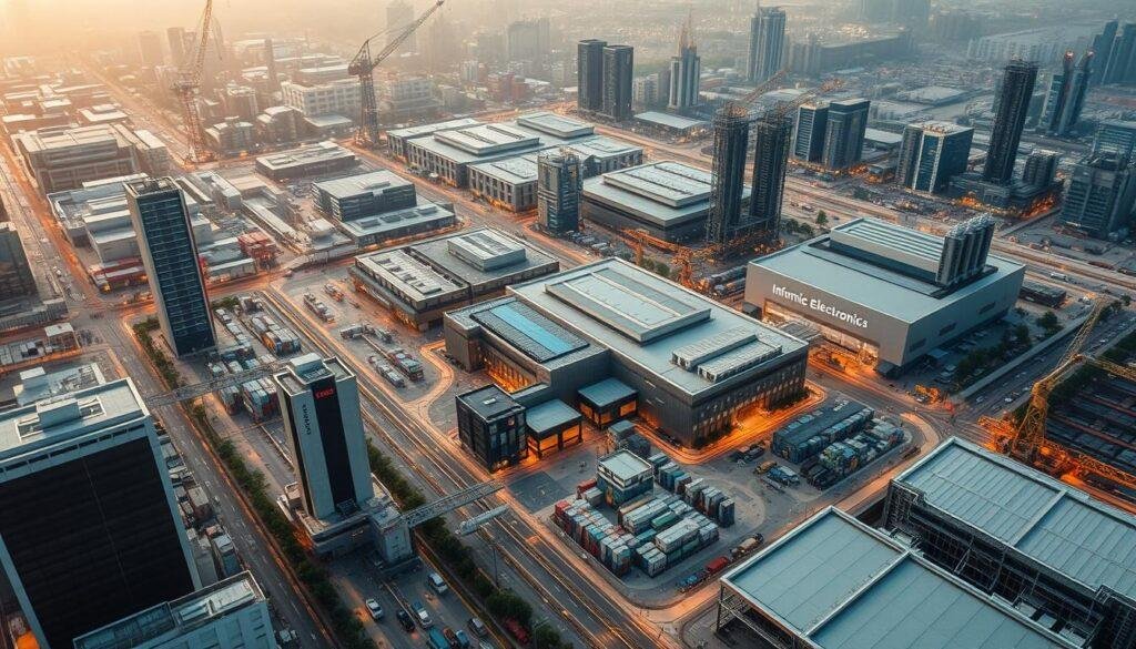 Shenzhen supply chain integration: a modern industrial cityscape with sprawling Informic Electronics manufacturing facilities, surrounded by an intricate web of transportation networks, logistics hubs, and interconnected supplier ecosystems. Gleaming high-rise buildings and advanced robotic assembly lines create an atmosphere of technological prowess, while bustling streets and cranes highlight the efficiency and dynamism of this global electronics hub. Soft, warm lighting illuminates the scene, casting a subtle glow over the integrated supply chain operations. Captured from a bird's-eye perspective, the image conveys a sense of coordinated industrial might and streamlined manufacturing power.
