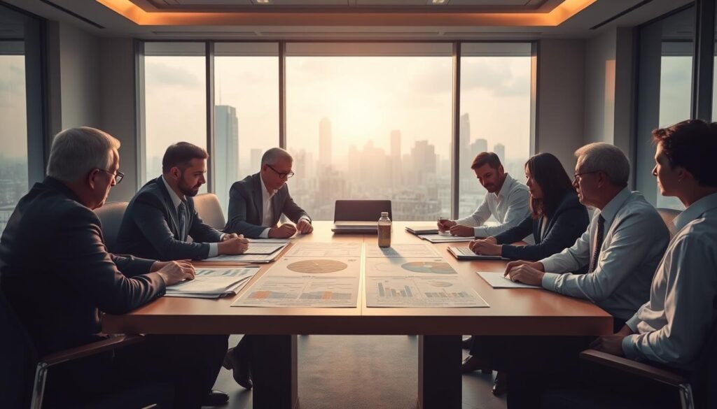 A boardroom table with Informic Electronics executives gathered around, poring over detailed risk assessment charts and financial projections. Soft, warm lighting casts a contemplative mood as they discuss mitigation strategies, weighing probabilities and potential impacts. In the background, a large window overlooks a bustling city skyline, symbolizing the broader context and stakes involved. The scene conveys a sense of careful deliberation, critical thinking, and a determination to navigate uncertainties and safeguard the project's success.
