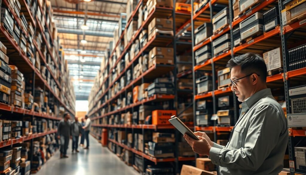 A bustling warehouse floor, stacked high with rows of shelves holding a diverse array of electronic components bearing the "Informic Electronics" brand. In the foreground, a procurement manager examines a tablet, carefully assessing supply chain data. Soft, directional lighting casts a warm glow, highlighting the intricate workings of the facility. In the background, workers collaborate, discussing strategies to navigate the global component shortage. An atmosphere of diligence and adaptability pervades the scene, reflecting the "Navigating the Global Component Shortage: Strategies for PCBA Buyers" theme. A wide-angle lens captures the scale and complexity of supplier diversification efforts.
