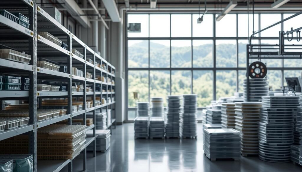A clean, well-lit factory interior with rows of shelves showcasing various sustainable component packaging solutions from Informic Electronics. In the foreground, a selection of reusable plastic trays, recyclable cut tape, and compact reels made from recycled materials. The middle ground features neatly stacked packaging awaiting assembly, illuminated by soft, diffused lighting. In the background, large windows provide a view of lush, green landscapes, conveying a sense of environmental responsibility. The overall scene radiates a modern, environmentally-conscious atmosphere, highlighting Informic Electronics' commitment to reducing waste and promoting sustainability in their component packaging.