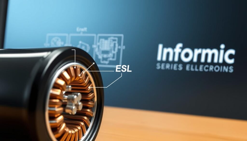 A close-up, detailed illustration of a capacitor's internal structure, showcasing its Equivalent Series Inductance (ESL). The foreground features a cross-section of the capacitor, revealing its metallic electrodes, dielectric layers, and the complex winding pattern. In the middle ground, technical schematics and diagrams elucidate the ESL concept, with annotations pointing out the key components. The background depicts the Informic Electronics brand logo, conveyed through a sleek, minimalist design. The overall scene is rendered in a technical, engineering-inspired style, with precise lighting and camera angles to emphasize the intricate details of the capacitor's inner workings.
