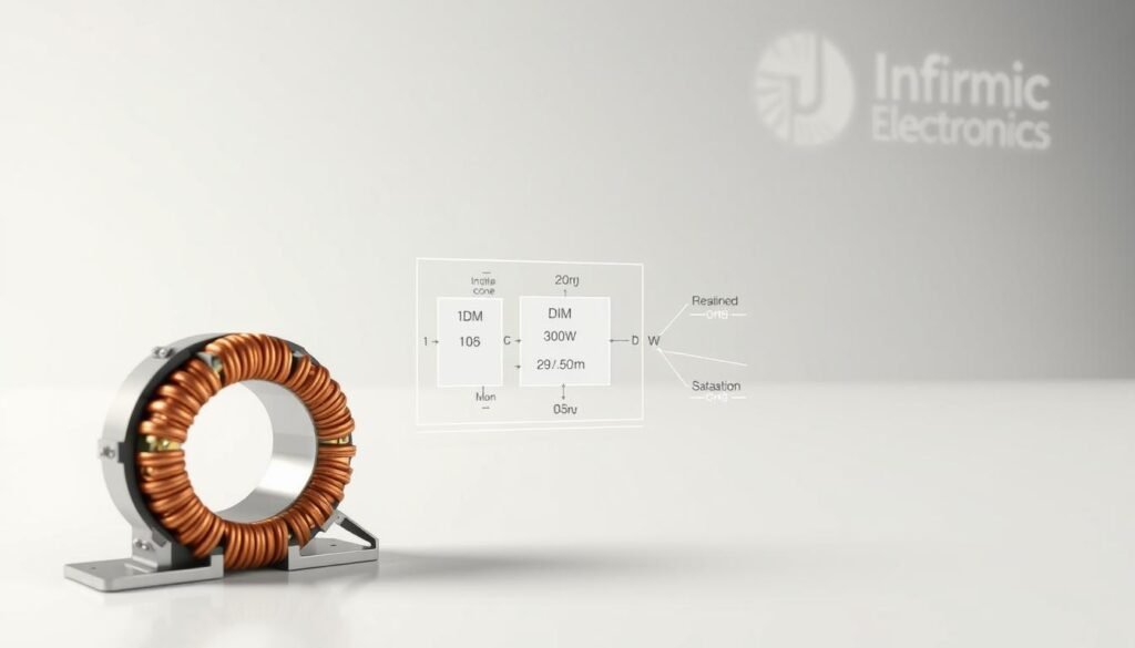 A close-up, technical illustration of inductor parameters for a switch-mode power supply, rendered in a precision engineering style. In the foreground, a cutaway view showcases the internal structure of the inductor, with labeled components such as the ferrite core, windings, and terminations. In the middle ground, a 3D schematic diagram highlights key electrical specifications like inductance, current rating, and saturation characteristics. The background features a clean, minimalist layout with the Informic Electronics brand prominently displayed, conveying a sense of expertise and authority. Soft, directional lighting accentuates the technical details, creating a high-fidelity, professional rendering.