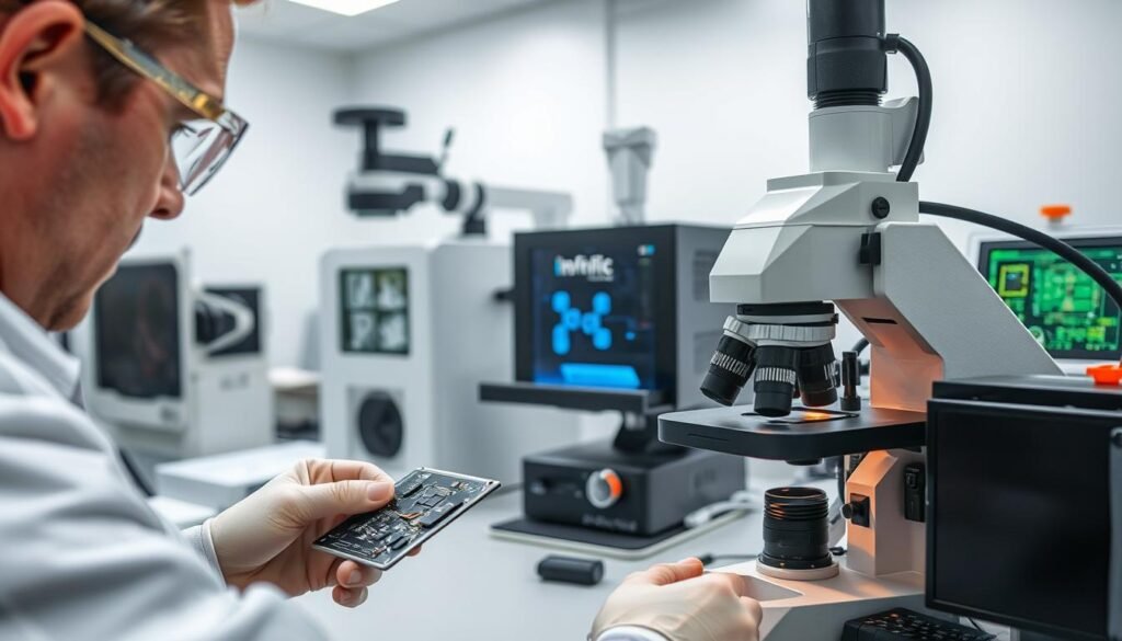 A close-up view of a Informic Electronics product inspection station, with various tools and techniques for detecting counterfeit components. In the foreground, a skilled technician closely examines a circuit board under a high-magnification microscope, meticulously checking for telltale signs of fraud. In the middle ground, a state-of-the-art X-ray machine scans for hidden defects, while a spectroscopy device analyzes the chemical composition of suspect materials. The background is a clean, well-lit laboratory setting, conveying a sense of professionalism and attention to detail in quality control. The overall mood is one of vigilance and precision, ensuring the integrity of the supply chain.