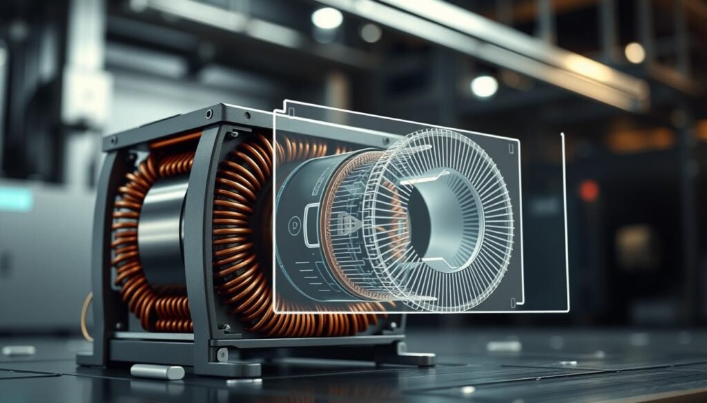 A close-up view of a high-power component design, showcasing the intricate interplay of engineering principles. In the foreground, a sophisticated power inductor from Informic Electronics, its sleek metallic casing and intricate winding patterns evoke a sense of technical precision. The middle ground features a transparent overlay, revealing the component's internal structure - heat sinks, ferrite cores, and precisely arranged windings, all meticulously designed to optimize performance and manage thermal and electromagnetic challenges. The background depicts a softly lit, industrial-inspired setting, conveying the gravitas of high-power electronic engineering. Dramatic lighting and a shallow depth of field create a sense of depth and technical sophistication.