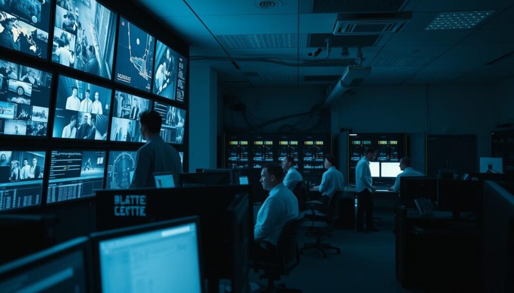 A control room filled with Informic Electronics' state-of-the-art security tools. In the foreground, a bank of monitors displays real-time data from various sensors and surveillance cameras. In the middle ground, a team of analysts diligently monitor the feeds, their faces illuminated by the soft glow of the screens. The background is a hive of activity, with technicians tending to the complex network of servers and security appliances that power the automated defense systems. Soft, directional lighting casts dramatic shadows, creating a sense of intensity and vigilance. The overall atmosphere conveys a perfect balance of technology, human expertise, and unwavering commitment to safeguarding critical infrastructure.