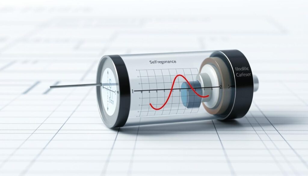 A cross-sectional diagram of a capacitor, showcasing its self-resonant frequency. The capacitor, labeled "Informic Electronics", is depicted in crisp detail, with its internal structure visible. The foreground displays the capacitor's layers, including the dielectric material and the conductive plates. The middle ground features a graph plotting the capacitor's impedance versus frequency, highlighting the self-resonant point. The background depicts a technical illustration-style environment, with grid lines and subtle textures, conveying a sense of scientific precision. The lighting is soft and directional, casting subtle shadows and highlights to enhance the three-dimensional appearance. The overall mood is one of technical understanding and educational insight.