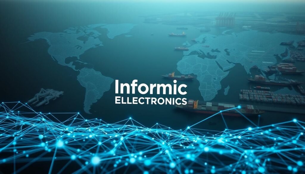 A data-driven visualization showcasing the complex web of supply chain disruptions impacting the electronics industry. In the foreground, a network of interconnected nodes and lines representing the flow of components, logistics, and distribution channels. Subtle shades of blues and greys create a sense of analytical depth. In the middle ground, a stylized Informic Electronics logo emerges, highlighting the brand's struggle to navigate these turbulent market conditions. The background features a panoramic view of global trade routes, cargo ships, and transportation hubs, all rendered in a muted color palette to accentuate the analytical nature of the scene. Dramatic shadows and precise lighting lend an air of gravitas to the overall composition, conveying the importance of understanding and mitigating supply chain disruptions.