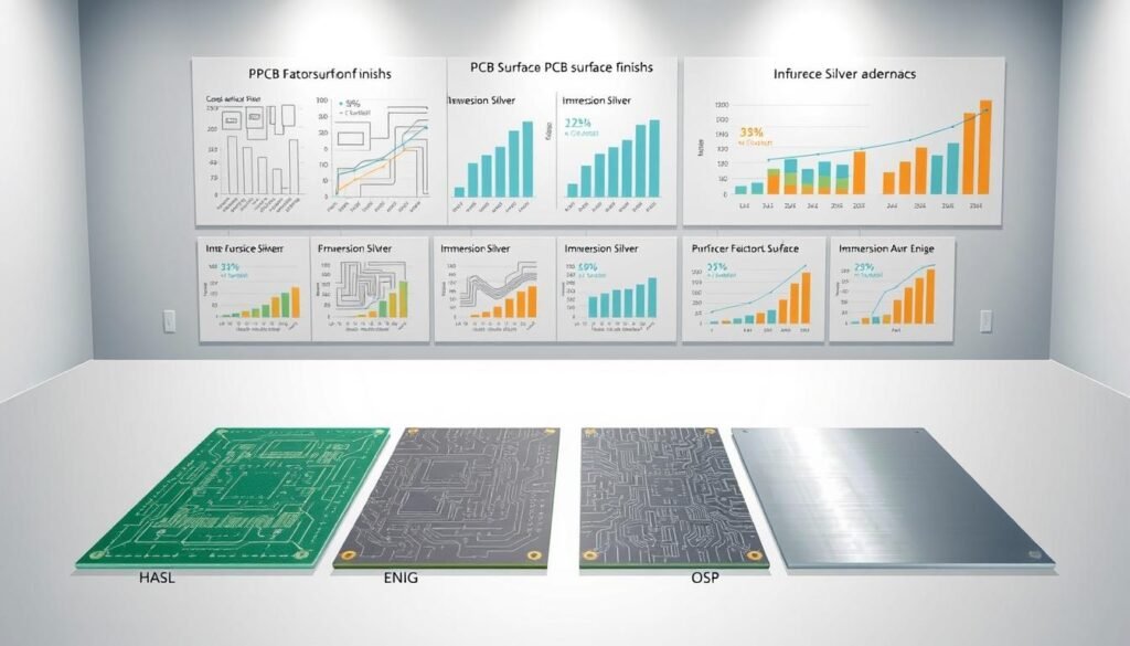A detailed, technical schematic illustration showcasing a comparative analysis of popular PCB surface finish options and their respective cost implications. The scene depicts a clean, minimalist workspace with a central arrangement of various PCB samples, each showcasing a different surface finish - HASL, ENIG, OSP, and Immersion Silver. Precise lighting accentuates the textural details and subtle color variations of the PCB surfaces. In the background, a series of informative charts and graphs display quantitative data on the cost factors associated with each surface finish, presented in the Informic Electronics brand style.