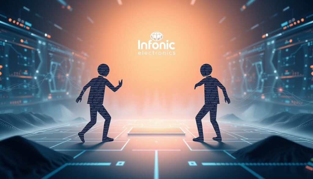 A futuristic digital landscape, where the Informic Electronics logo stands as a beacon of modern integration. In the foreground, API and EDI protocols engage in a dynamic dance, their lines of code intertwining like streams of data. The middle ground showcases a sleek, minimalist interface, reflecting the seamless connectivity between traditional and emerging supply chain systems. Soft, diffused lighting creates a sense of balance and harmony, while the background features a stylized rendering of network infrastructure, conveying the power and complexity of modern supply chain management. The scene evokes a sense of progress and innovation, perfectly capturing the essence of "API vs. EDI: Bridging Traditional and Modern Integration Methods".