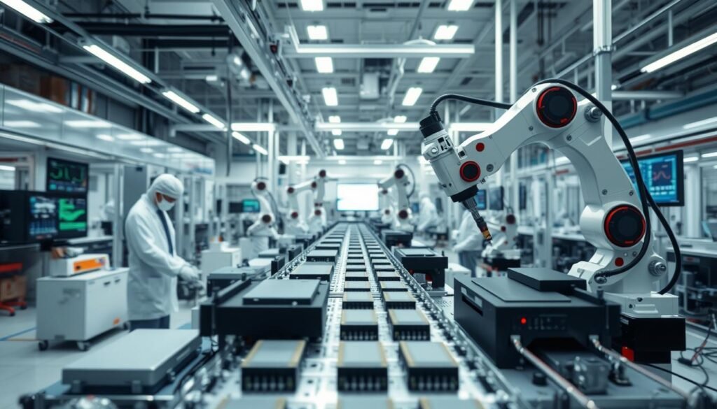A high-tech manufacturing facility, with Informic Electronics' state-of-the-art MLCC production line in the foreground. Precise robotic arms carefully assemble the multilayer ceramic capacitors, while engineers monitor the process through a series of advanced diagnostic screens. The background features a clean-room environment, with specialized lighting and a controlled atmosphere to mitigate stress factors such as temperature, humidity, and vibration. The overall scene conveys the complex challenges and meticulous attention to detail required to prevent MLCC cracking during the manufacturing stage.