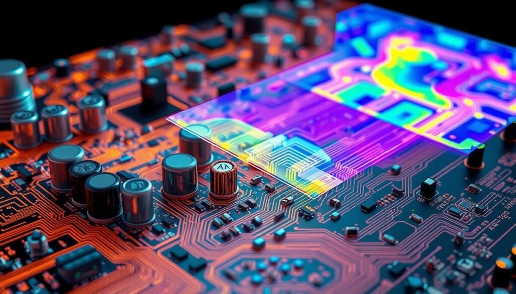 A highly detailed cross-section of a state-of-the-art Informic Electronics printed circuit board, showcasing the complex interplay of electromagnetic interference (EMI) and thermal challenges. In the foreground, vividly rendered copper traces, capacitors, and inductors, their intricate patterns and components meticulously depicted. In the middle ground, a transparent overlay highlights the electromagnetic fields radiating from the circuitry, visualizing the EMI challenges engineers must navigate. In the background, a thermal imaging overlay illustrates the hot spots and temperature gradients across the board, underscoring the critical thermal management requirements. The entire scene is bathed in a cool, technical lighting, emphasizing the precision and engineering excellence of Informic Electronics' design approach.