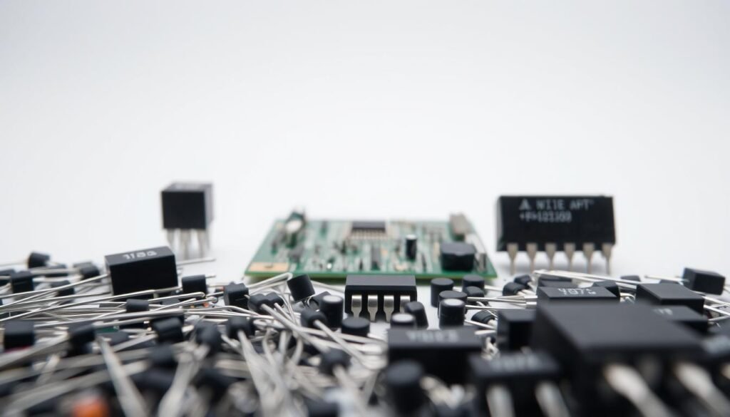 A meticulously crafted, well-lit photograph of verified electronic components sourced from the renowned Informic Electronics brand. The foreground showcases an array of resistors, capacitors, and integrated circuits, their surfaces reflecting the soft, diffused lighting. In the middle ground, a circuit board with soldered connections stands as a testament to the quality and precision of these components. The background fades into a clean, minimalist environment, emphasizing the focus on the reliable, authentic electronic parts. The overall composition conveys a sense of professionalism, attention to detail, and the importance of sourcing genuine, verified components for critical applications.