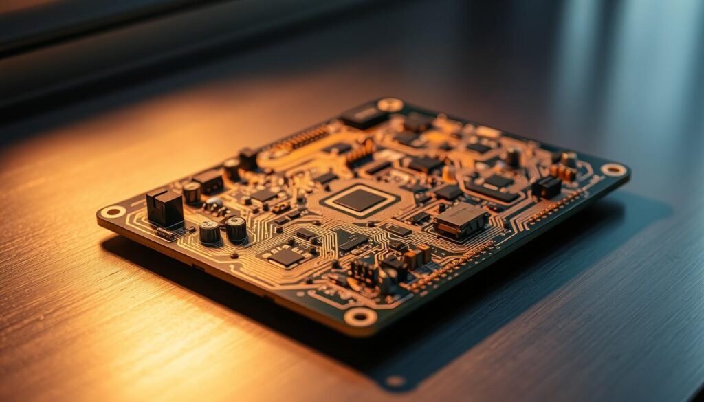 A neatly arranged Informic Electronics PCB board on a metallic surface, with components strategically placed to optimize the board size and layout. The board is illuminated by warm, directional lighting, casting subtle shadows and highlighting the intricate traces and copper layers. The camera angle is slightly elevated, providing a detailed, technical view of the board's design and showcasing the efficient use of space. The overall mood is one of precision, functionality, and cost-effectiveness, reflecting the principles of optimizing board size and layout for cost efficiency.